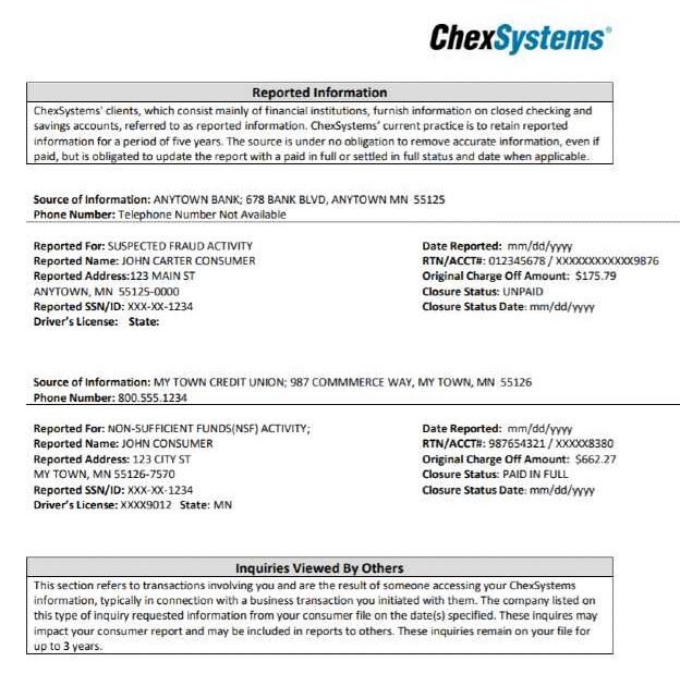 ChexSystems Reported Information exempel